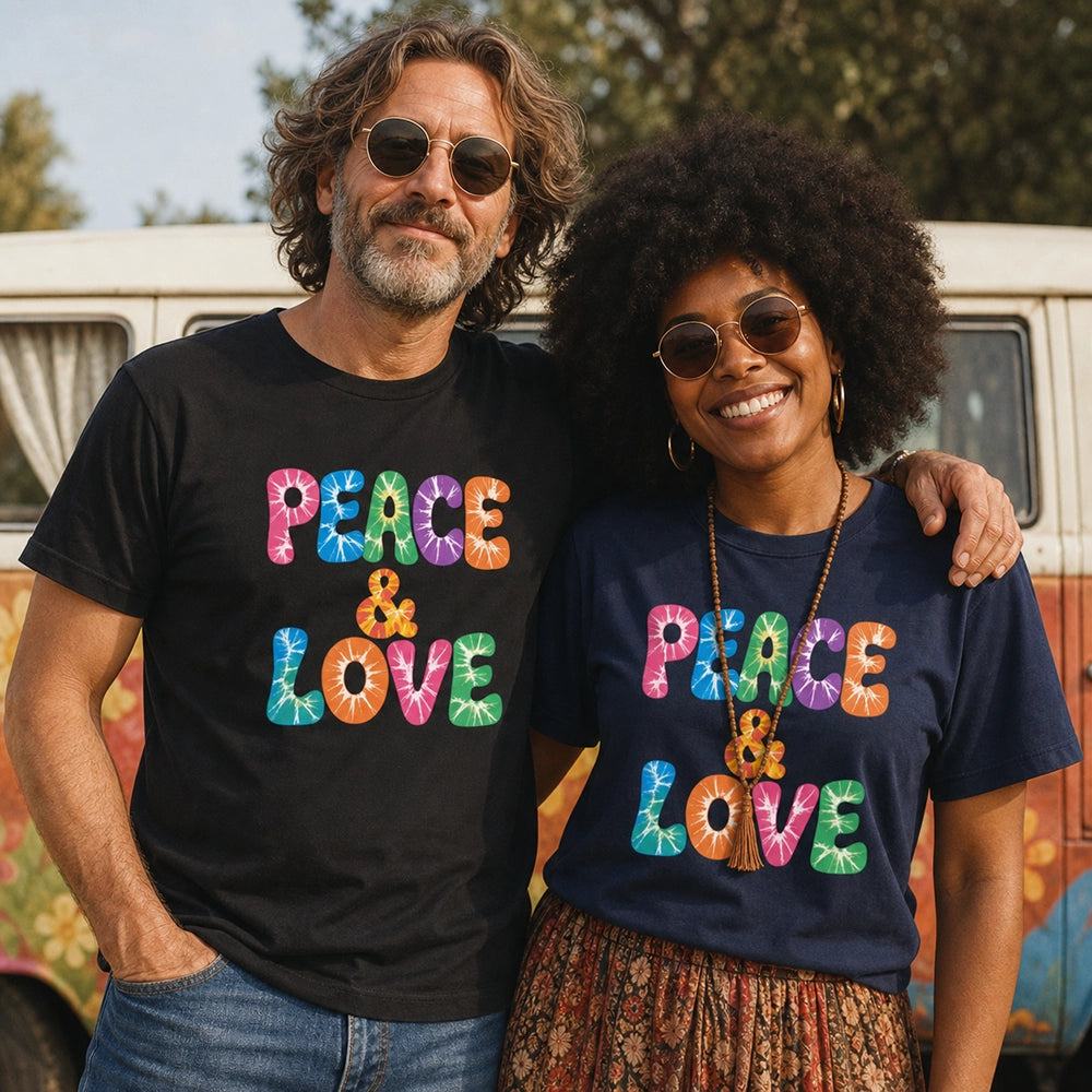 Retro tie-dye Peace and Love lettering printed on a classic black graphic t-shirt with vibrant 60s rainbow typography.