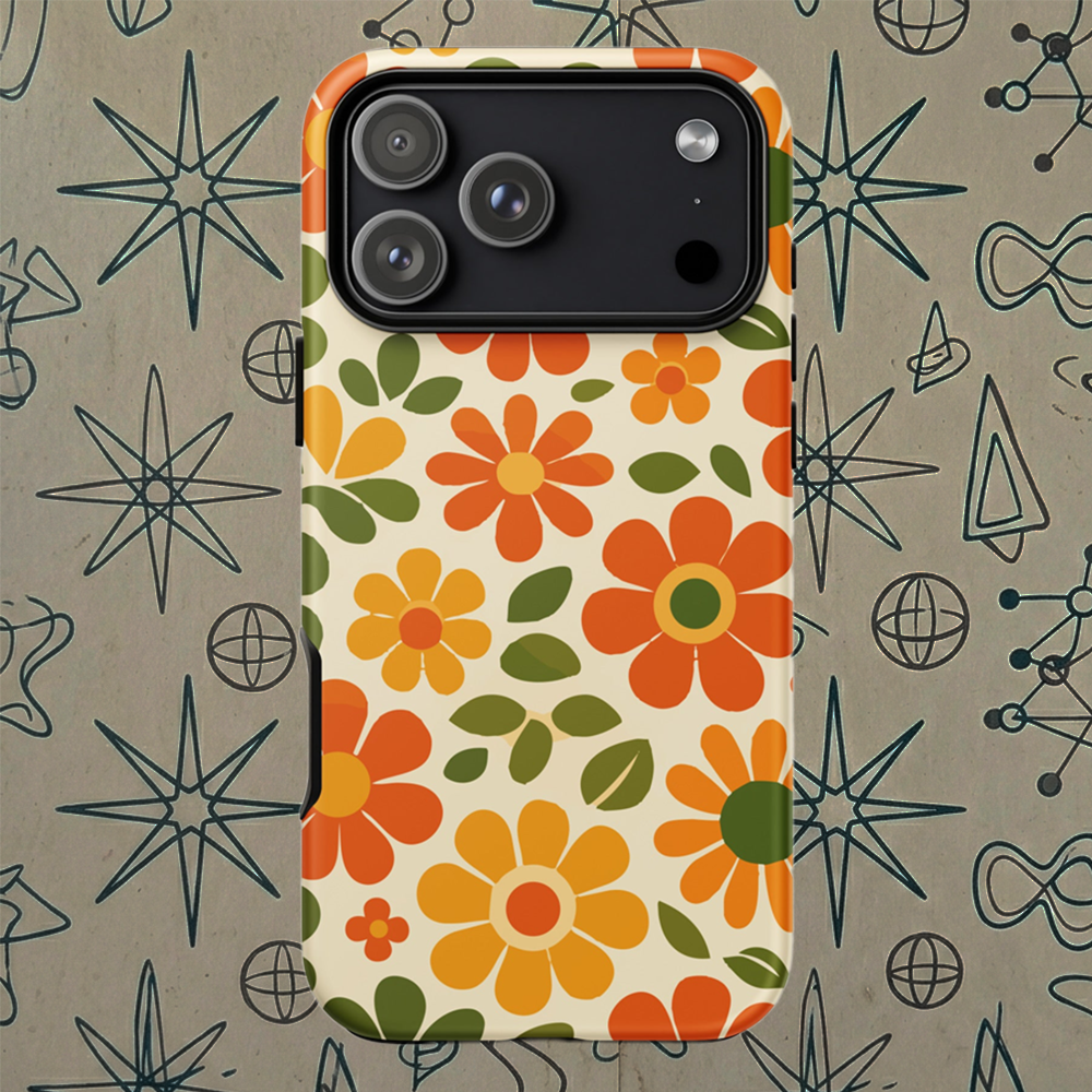 Groovy 1970s retro flower power pattern on a protective thermoplastic polyurethane TPU iPhone case with orange daisies.