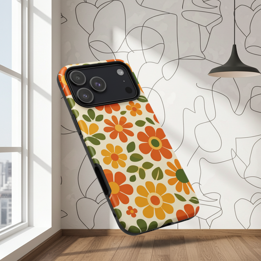 Groovy 1970s retro flower power pattern on a protective thermoplastic polyurethane TPU iPhone case with orange daisies.