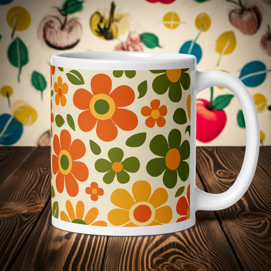 Groovy 1970s retro flower power pattern printed on a ceramic coffee mug with vibrant orange and yellow daisy graphics.