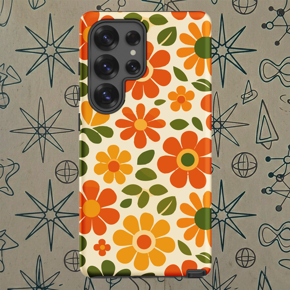 Groovy 1970s retro flower power pattern on a protective thermoplastic polyurethane TPU Samsung Galaxy case with orange daisies.