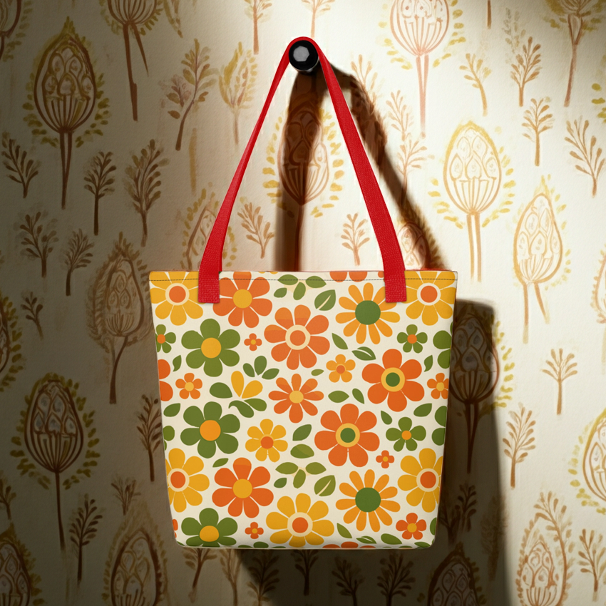 Vibrant 1970s retro flower power pattern printed on a polyester tote bag with groovy orange and yellow daisy graphics.