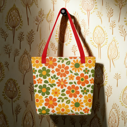 Vibrant 1970s retro flower power pattern printed on a polyester tote bag with groovy orange and yellow daisy graphics.
