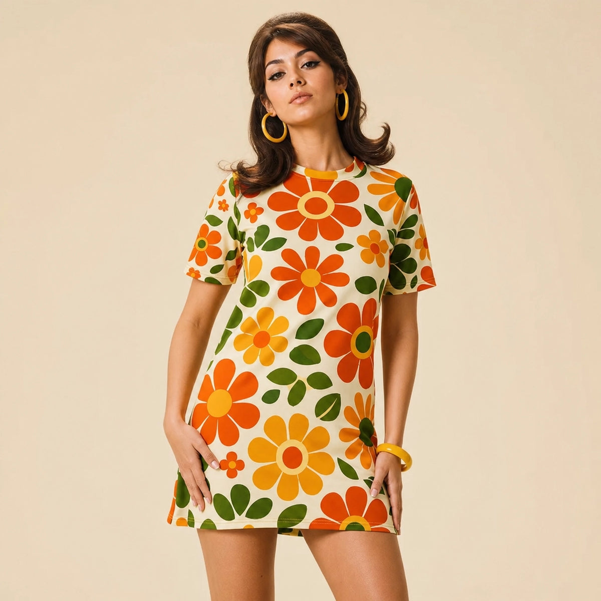 Vintage 70s retro flower power pattern with orange, yellow, and green daisy motifs printed on a comfy T-shirt dress.