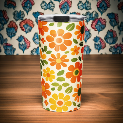 Groovy 1970s retro flower power floral pattern wrapping a stainless steel travel mug with vibrant orange daisy details.