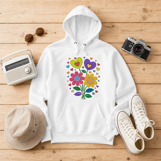 Retro 70s psychedelic flower power bouquet with vibrant pink and yellow daisies and hearts