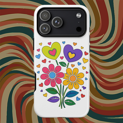 Bright 70s retro style illustration of pink and yellow daisy flowers with colorful heart bouquets, faroutgoods
