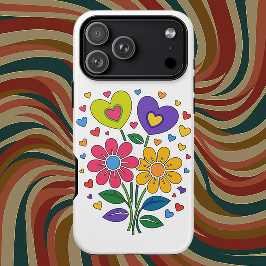 Bright 70s retro style illustration of pink and yellow daisy flowers with colorful heart bouquets, faroutgoods