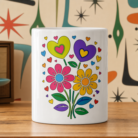 Bright 70s retro style illustration of pink and yellow daisy flowers with colorful heart bouquets on a black background