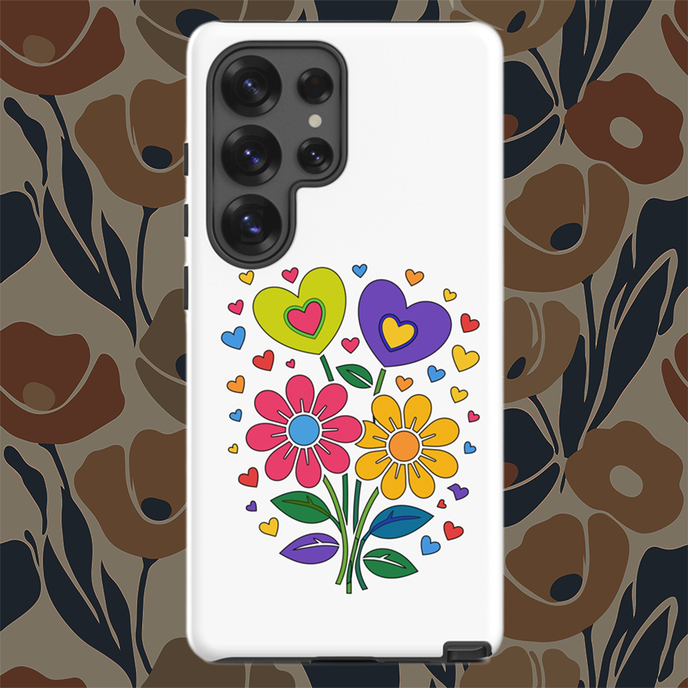 Retro 70s psychedelic flower power bouquet with vibrant pink and yellow daisies and hearts. faroutgoods.