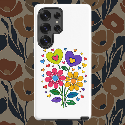 Retro 70s psychedelic flower power bouquet with vibrant pink and yellow daisies and hearts. faroutgoods.