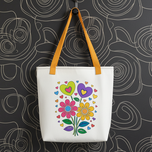 Bright 70s retro style illustration of pink and yellow daisy flowers with colorful heart bouquets. FaroutGoods