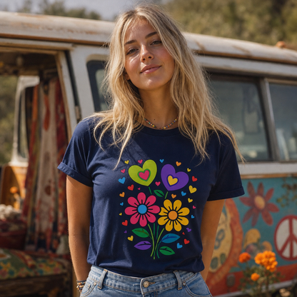 Retro 70s psychedelic flower power bouquet with vibrant pink and yellow daisies and hearts on a black graphic t-shirt.