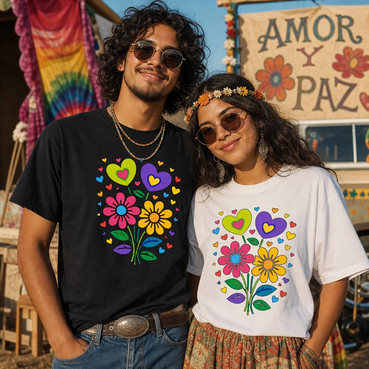 Retro 70s psychedelic flower power bouquet with vibrant pink and yellow daisies and hearts on a black graphic t-shirt.