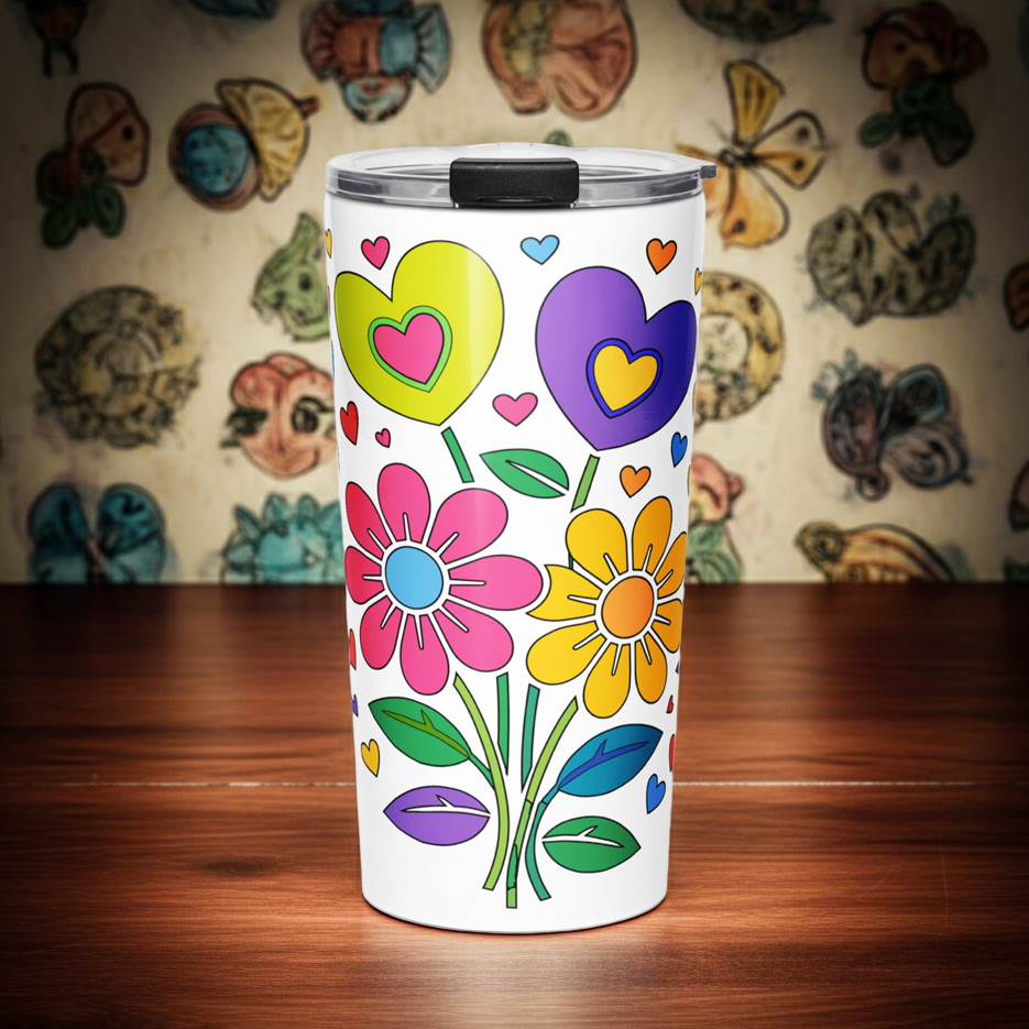 Bright 70s retro style illustration of pink and yellow daisy flowers with colorful heart bouquets. Faroutgoods