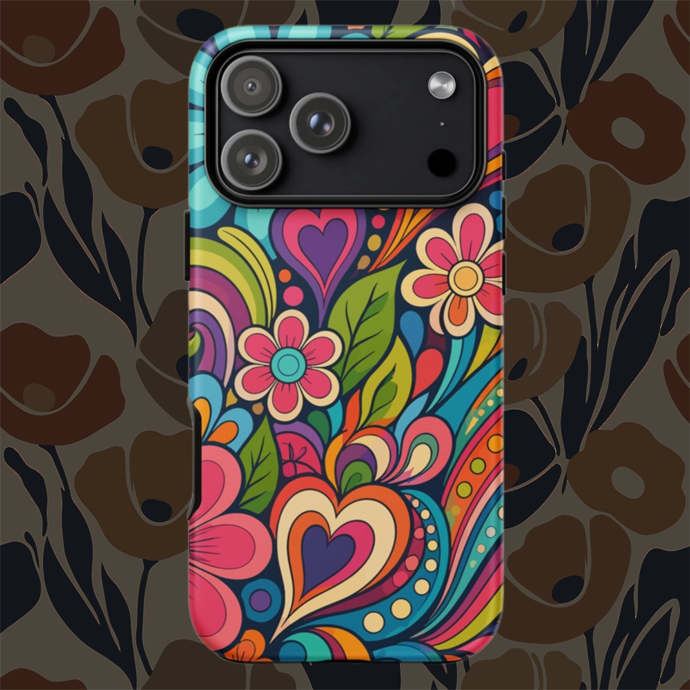 Vibrant retro psychedelic flower power design with colorful hearts, swirls, and daisies on a protective TPU iPhone case.