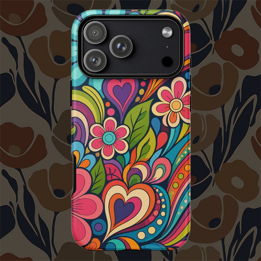 Vibrant retro psychedelic flower power design with colorful hearts, swirls, and daisies on a protective TPU iPhone case.