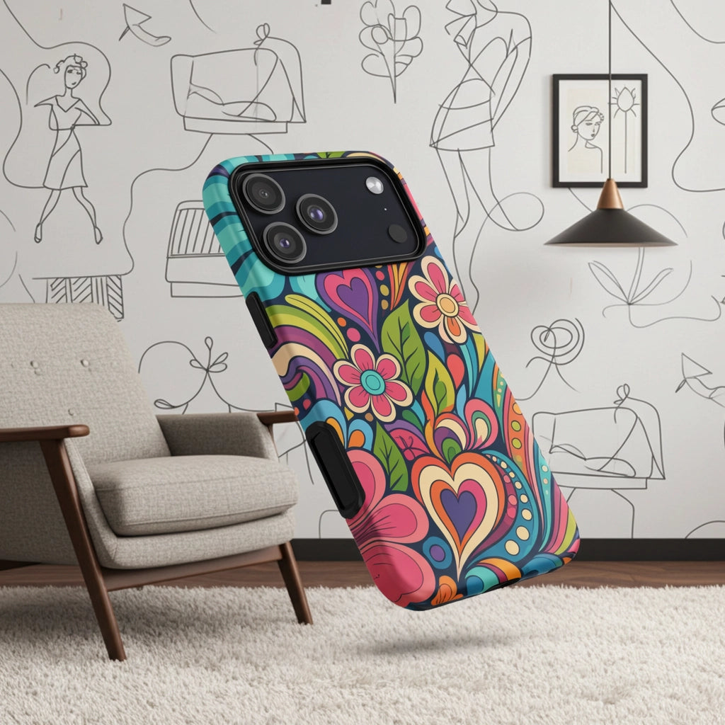 Vibrant retro psychedelic flower power design with colorful hearts, swirls, and daisies on a protective TPU iPhone case.