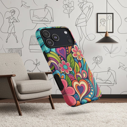 Vibrant retro psychedelic flower power design with colorful hearts, swirls, and daisies on a protective TPU iPhone case.