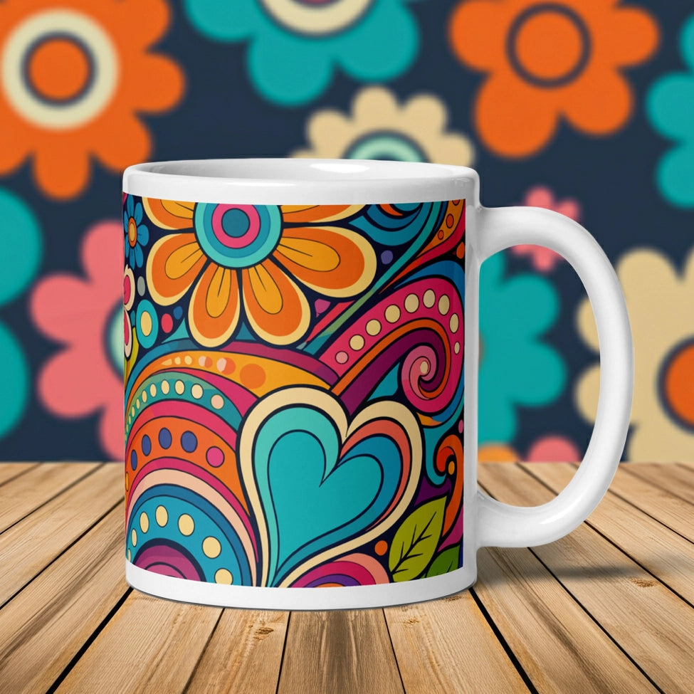 Vibrant retro 70s ceramic mug featuring a psychedelic doodle pattern of colorful flowers, groovy swirls, and hearts.