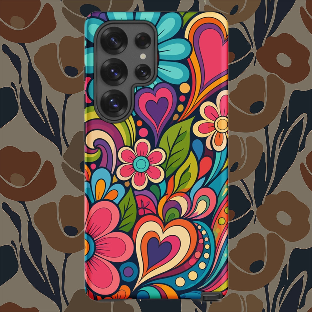 Vibrant 70s retro psychedelic pattern with colorful flowers and hearts printed on a TPU Samsung Galaxy case.