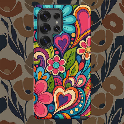 Vibrant 70s retro psychedelic pattern with colorful flowers and hearts printed on a TPU Samsung Galaxy case.