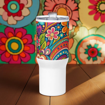 Stainless steel travel tumbler featuring a colorful 70s psychedelic pattern of groovy flowers, swirls, and hearts.