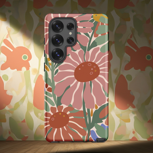 Hand-drawn retro 70s floral pattern Samsung case in pink, blue, and green earth tones by Far Out Goods.