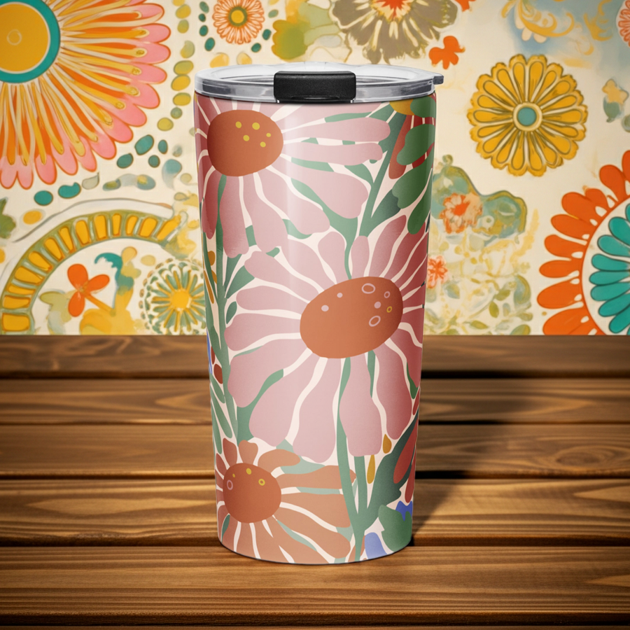 Retro 70s style flower power pattern with pink, green, and orange daisies on a bohemian insulated travel mug tumbler.