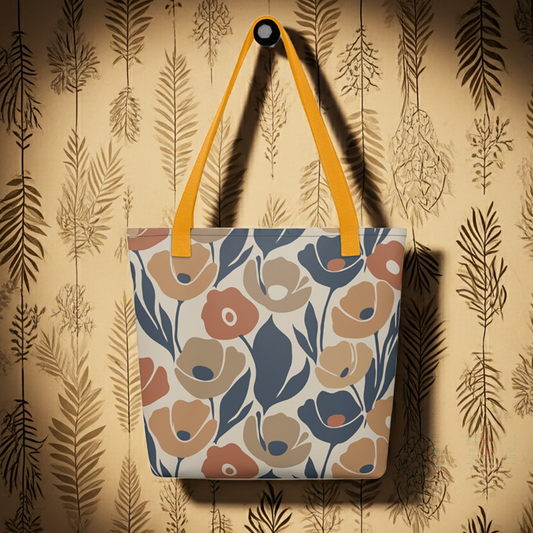 Seamless retro floral pattern tote bag with organic flower shapes in terracotta, ochre, and deep navy blue.