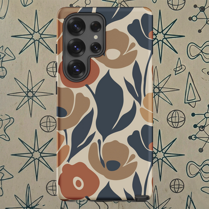Protective TPU Samsung Galaxy case featuring a seamless retro floral print in terracotta, ochre, and deep navy blue.