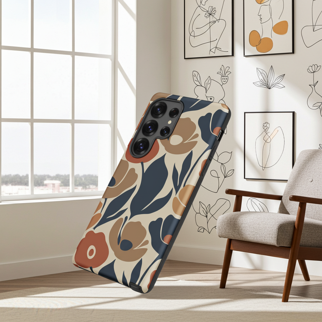 Protective TPU Samsung Galaxy case featuring a seamless retro floral print in terracotta, ochre, and deep navy blue.