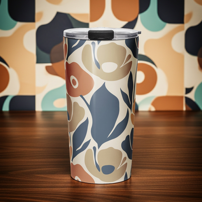 Stainless steel travel tumbler featuring a seamless retro floral print in terracotta, ochre, and deep navy blue.