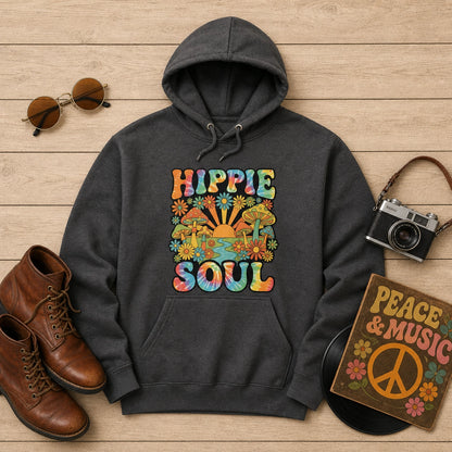 Retro Hippie Soul graphic hoodie featuring tie-dye typography, colorful mushrooms, daisies, and a vibrant sunset.