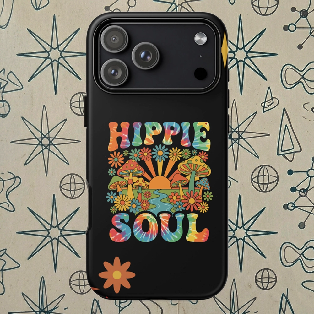 Retro Hippie Soul TPU iPhone case featuring colorful mushrooms, daisies, sunburst, and tie-dye lettering.
