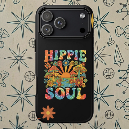 Retro Hippie Soul TPU iPhone case featuring colorful mushrooms, daisies, sunburst, and tie-dye lettering.