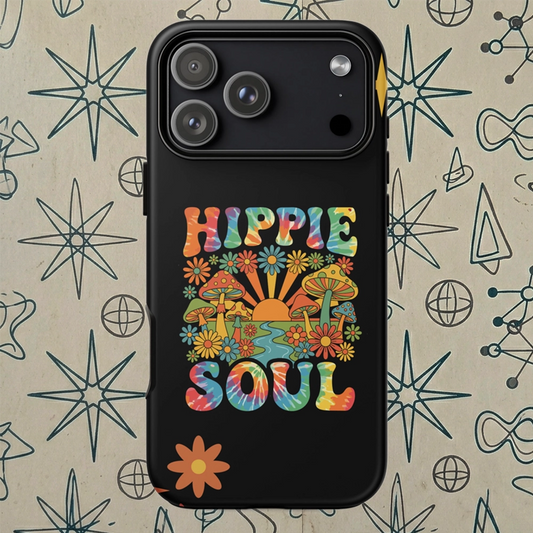 Retro Hippie Soul TPU iPhone case featuring colorful mushrooms, daisies, sunburst, and tie-dye lettering.