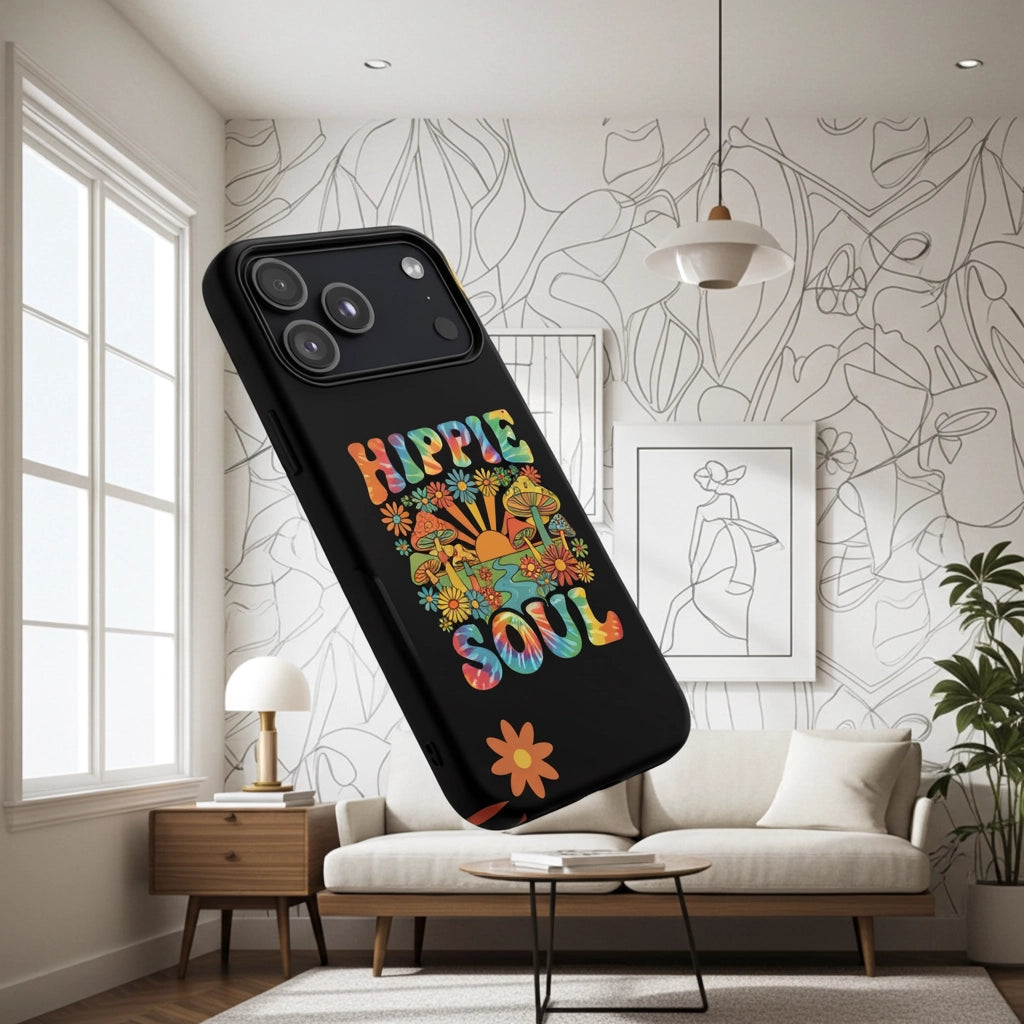Retro Hippie Soul TPU iPhone case featuring colorful mushrooms, daisies, sunburst, and tie-dye lettering.