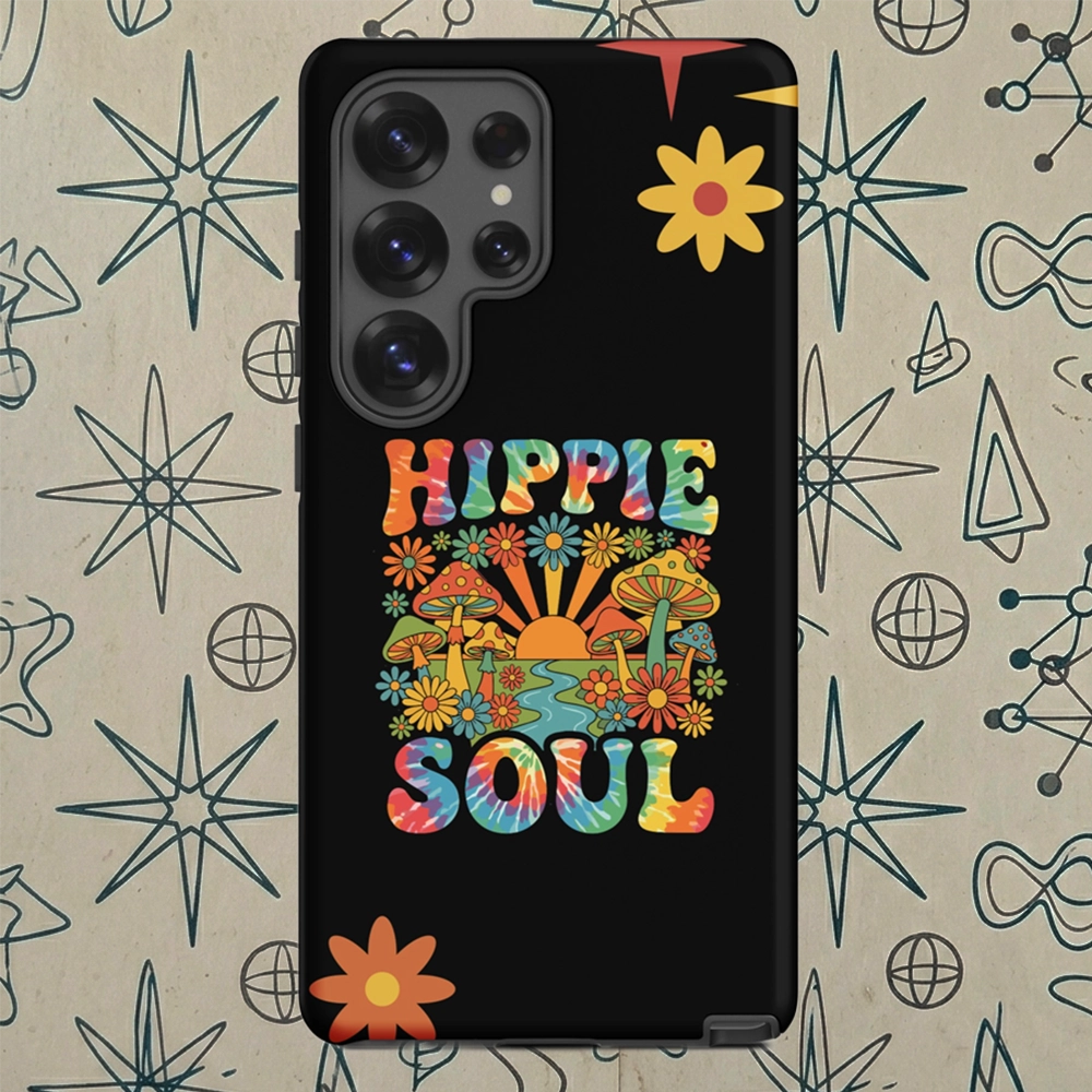 Retro Hippie Soul TPU Samsung Galaxy case featuring colorful mushrooms, daisies, sunburst, and tie-dye lettering.