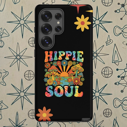 Retro Hippie Soul TPU Samsung Galaxy case featuring colorful mushrooms, daisies, sunburst, and tie-dye lettering.