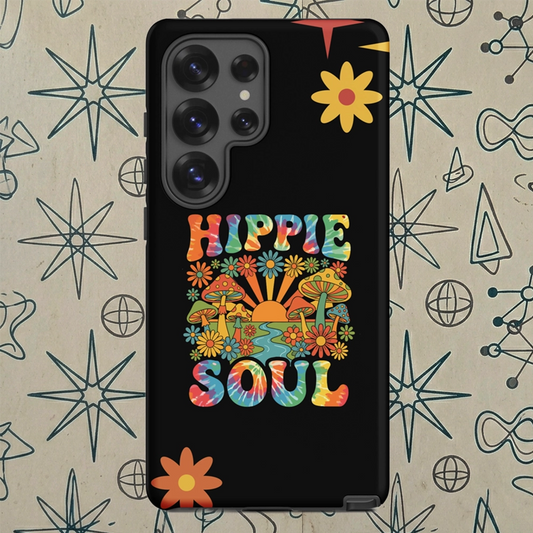 Retro Hippie Soul TPU Samsung Galaxy case featuring colorful mushrooms, daisies, sunburst, and tie-dye lettering.