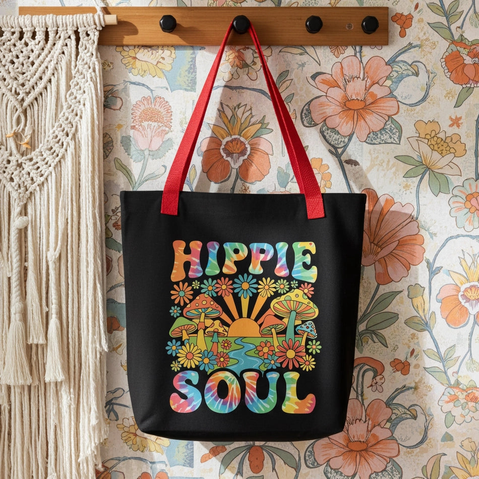 Retro Hippie Soul polyester tote bag featuring colorful mushrooms, daisies, sunburst, and tie-dye typography.