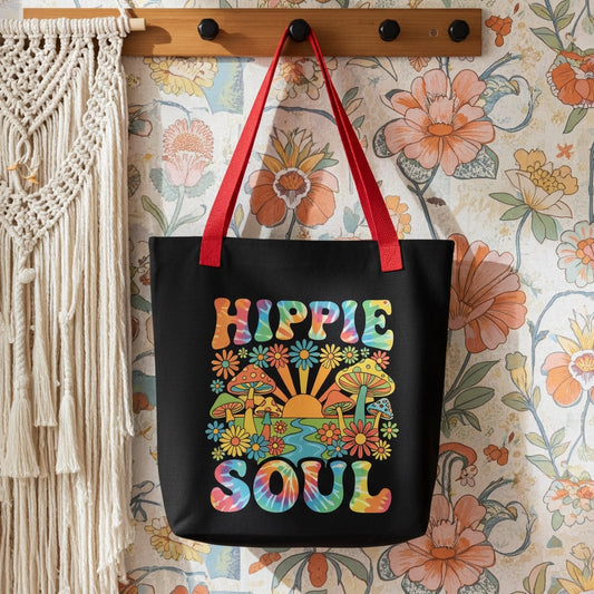 Retro Hippie Soul polyester tote bag featuring colorful mushrooms, daisies, sunburst, and tie-dye typography.
