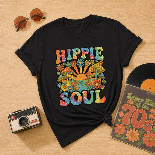 Tie-dye text reading Hippie Soul surrounded by colorful retro mushrooms, daisies, and a sunrise on a black background