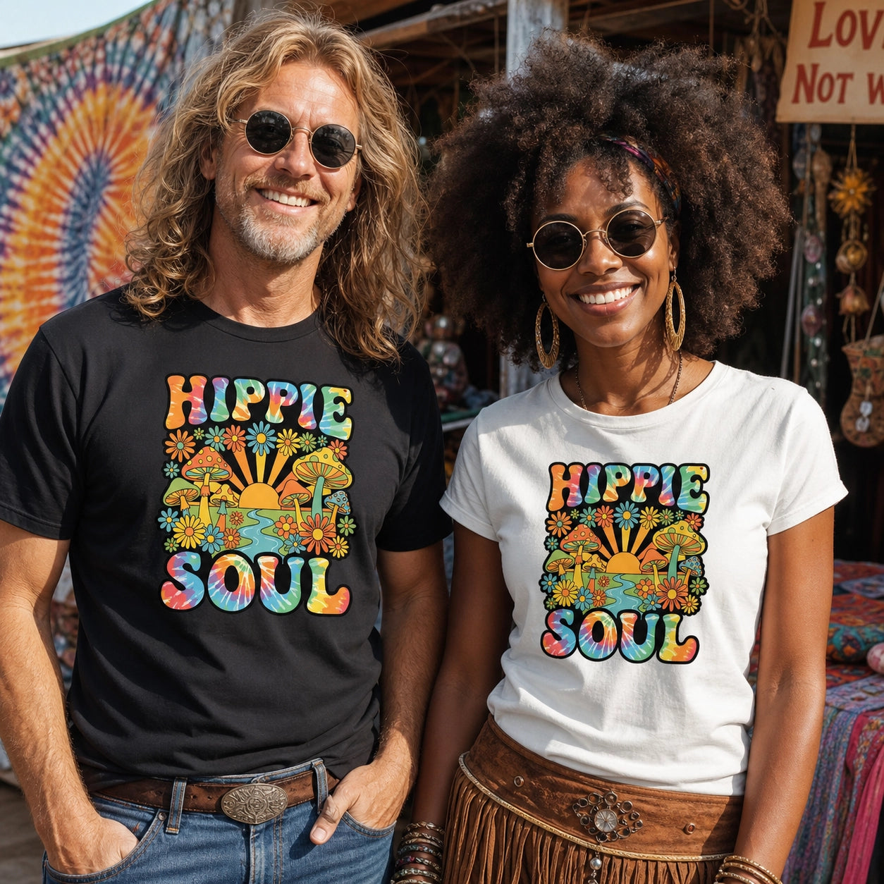 Tie-dye text reading Hippie Soul surrounded by colorful retro mushrooms, daisies, and a sunrise on a black background