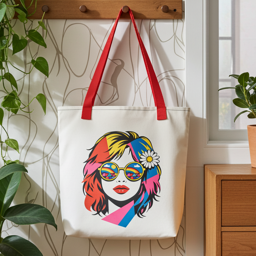 Pop art illustration of a woman with colorful hair and rainbow sunglasses on a black tote bag by Far Out Goods.