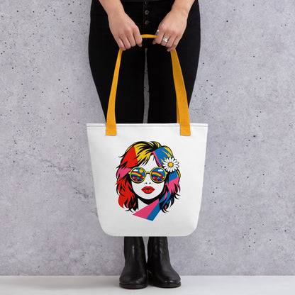 Pop art illustration of a woman with colorful hair and rainbow sunglasses on a black tote bag by Far Out Goods.