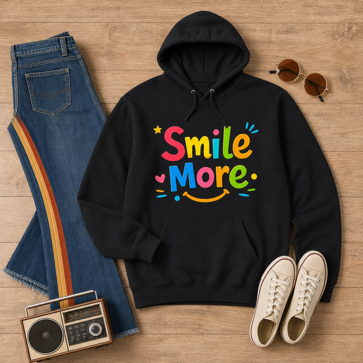 A black pullover hoodie with a colorful 'Smile More' graphic, styled in a flat lay on a wooden surface with blue jeans, white sneakers, sunglasses, and a vintage boombox.