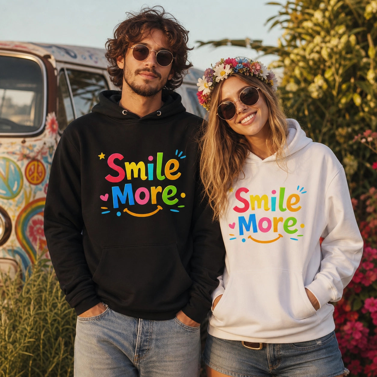 A man and a woman standing outdoors in front of a colorful van and flowers, wearing matching hoodies with the phrase 'Smile More' printed in bright multicolor letters. The man wears a black hoodie, and the woman wears a white hoodie.