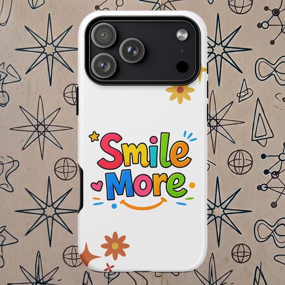 Smile More, bubbly lettering with a yellow sun-smile and pink heart on a black protective iPhone case